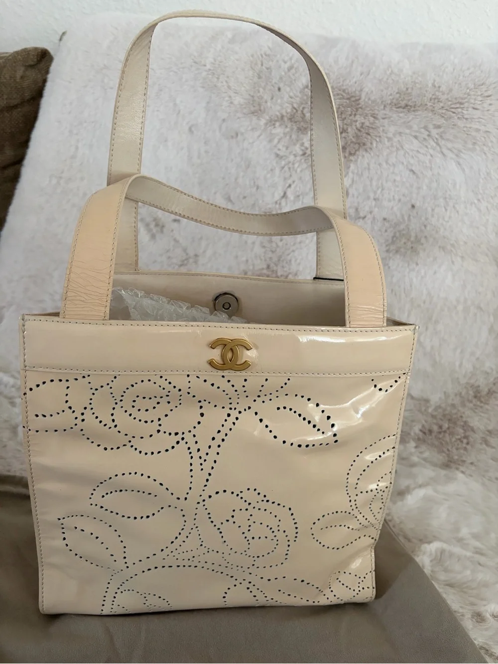Chanel Small Beige Patent Leather Floral Perforated Tote